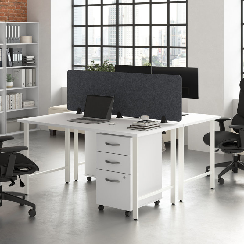 Bush Business Furniture Hustle 2 Person Computer Desk With Mobile File Cabinets, Power Grommets, And Privacy Screen, White