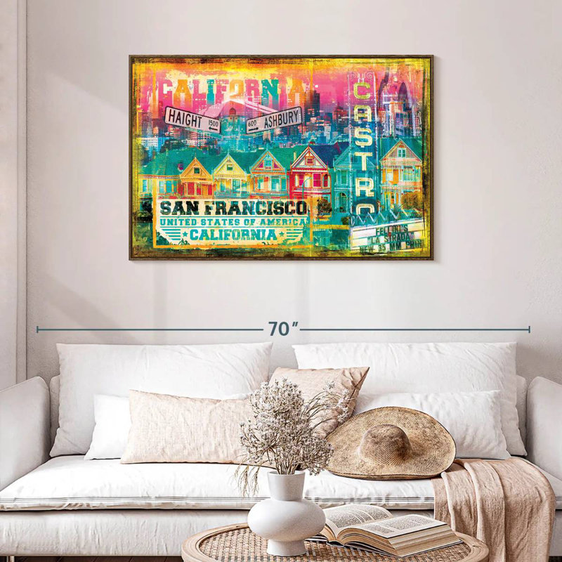 Banlieue de San Francisco, grunge, 43 po x 29 po, Cadre flottant noyer
