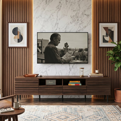78.7" Modern TV Stand For Tvs Up To 85 Inch, Entertainment Center With Horizontal Slatted Doors & Iron Legs, Soft-Close Hinges, Dark Brown