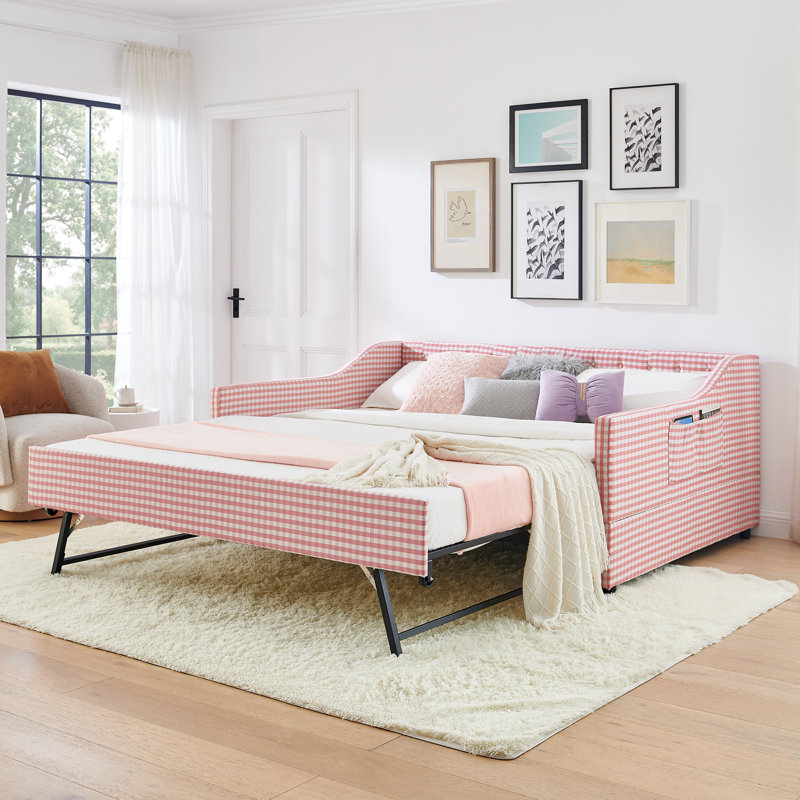 Lit de jour convertible avec lit gigogne et dossier capitonné pour enfants Versa, Rose