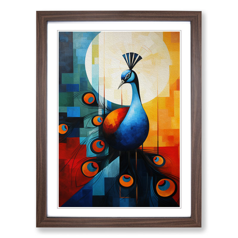 Peacock Constructivism - Single Picture Frame Print on Wood, Walnut Framed, 34cm H x 25cm W x 2cm D
