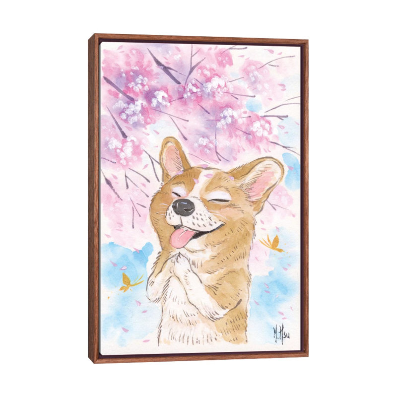 Cherry Blossom Wishes - Corgi by Martin Hsu - Painting on Canvas, 152.5 cm H x 101.5 cm W, Classic Brown Wood Framed