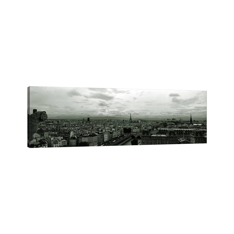 Aerial View Of A River PAssing Through A City From Notre Dame De Paris - Wrapped Canvas Panoramic Print