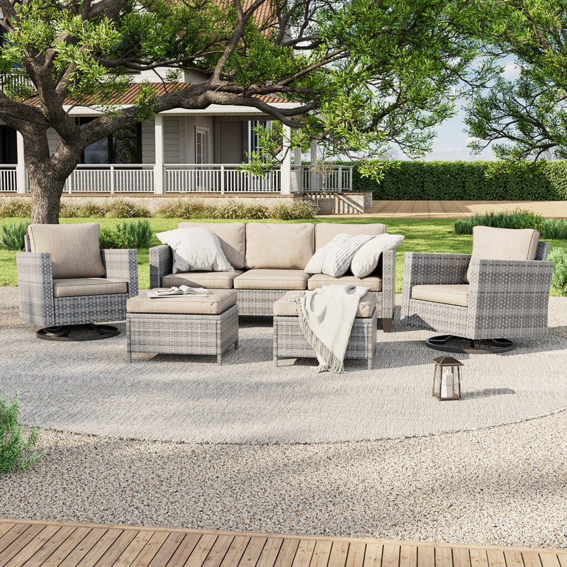 Ensemble de meubles de patio en osier de rotin PE 5 pièces avec chaises berçantes et repose-pieds Sharbil, ensemble de conversation extérieur toutes saisons pour terrasse