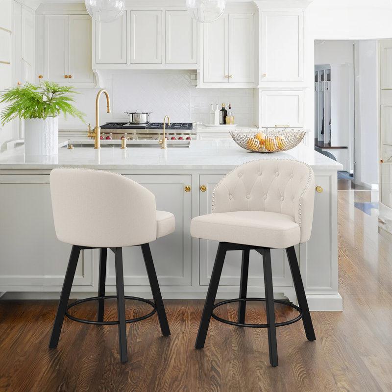 Tabouret de comptoir pivotant en lin rembourré avec pieds en métal, Beige