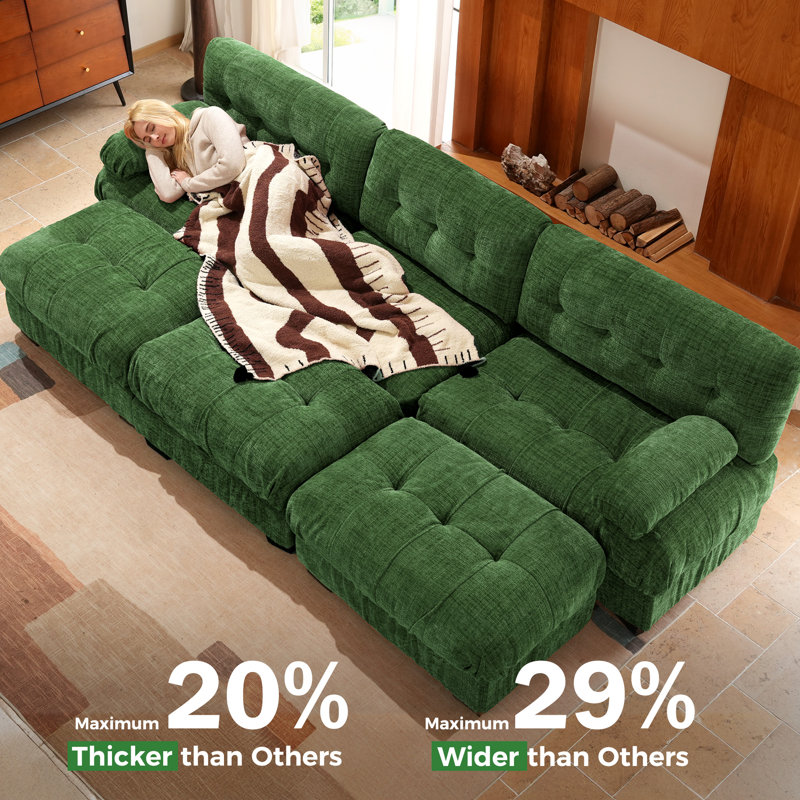 Modular Sectional Couch With Ottoman, 3-Seater Modern L-Shaped Sofa Couches, Comfy Chenille Sofa-Green, Green Chenille