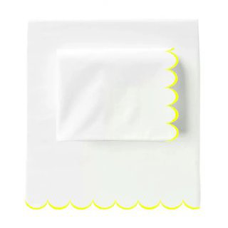 Allena 400TC Cotton Scallop Embroidery Sateen Cotton 4 Piece Sheet Set Fitted Sheet Fits Upto 16" Deep Pocket, Yellow