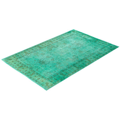 Tapis vert en laine noué à la main de style moderne et contemporain Conwell 4 pi 8 po x 7 pi 3 po