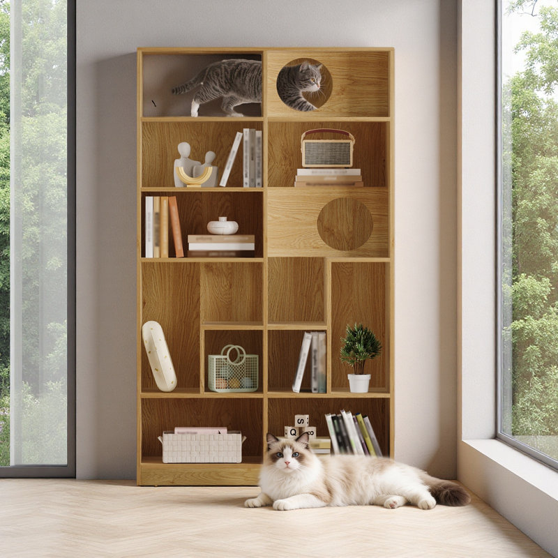 Bibliothèque pour chat moderne 2 en 1, étagère à chat avec rangement, bac à litière pour chat, Naturel