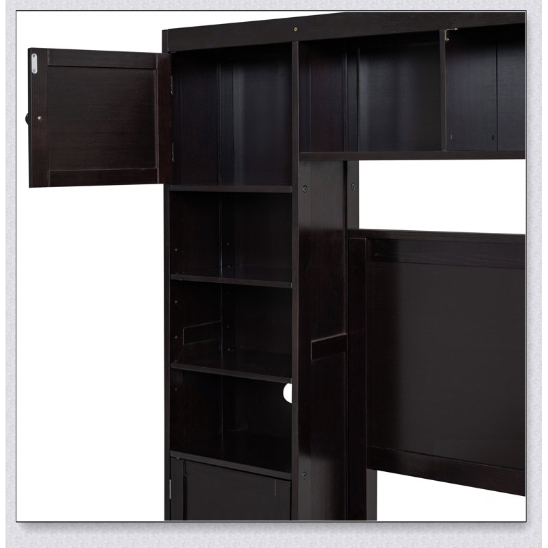 Lit en bois avec armoire et tablette tout-en-un, Espresso