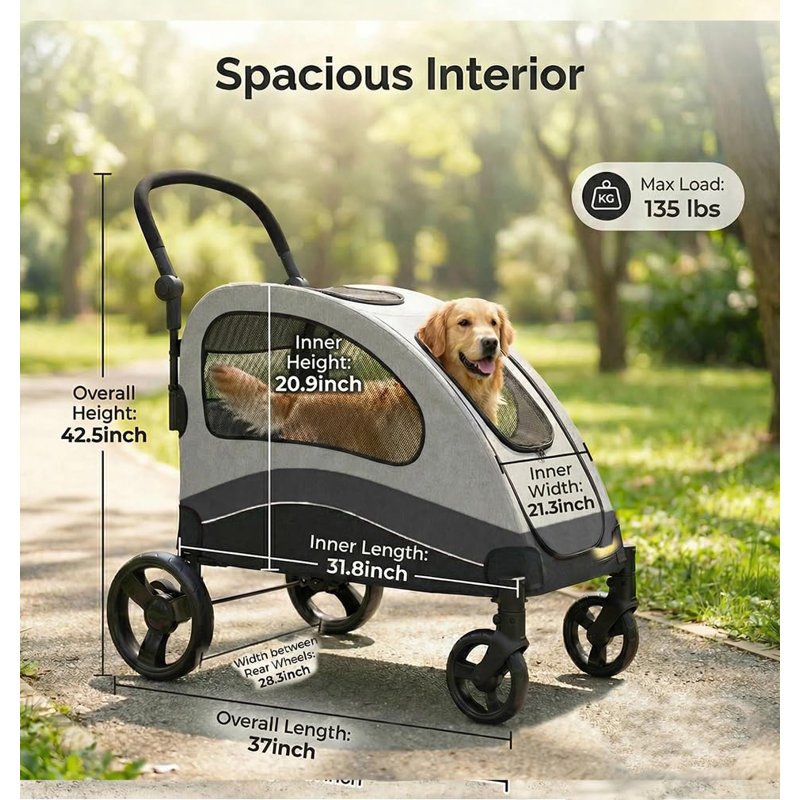 Poussette pour chien robuste et pliable pour grands chiens pesant jusqu'à 160 lb, Noir
