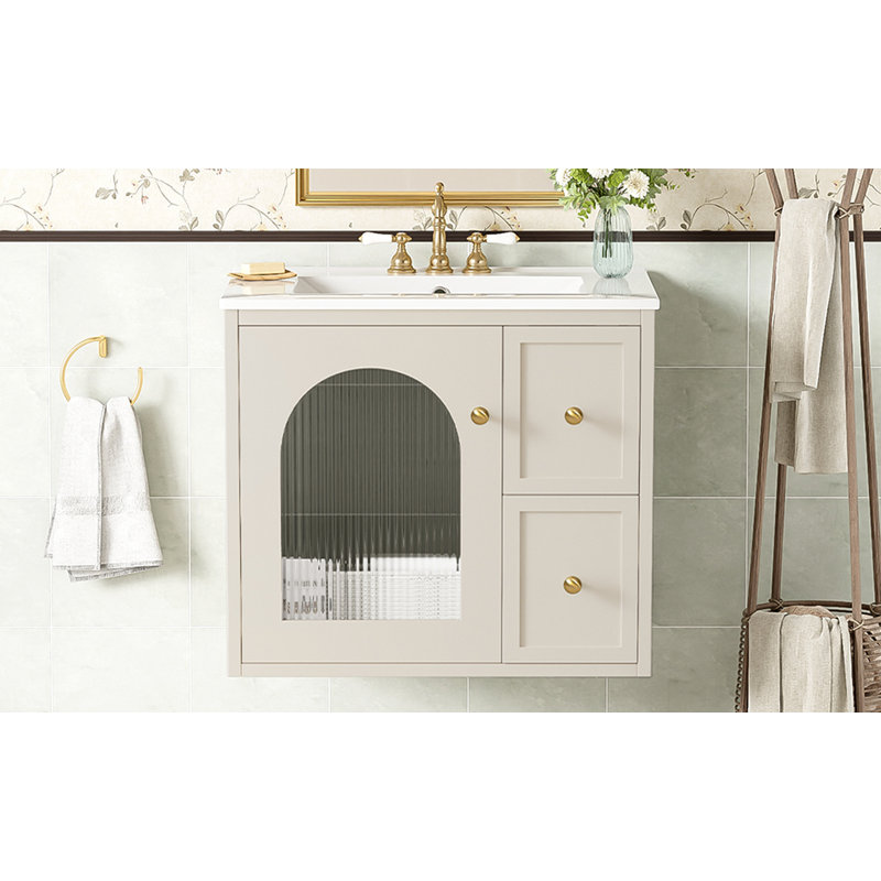 Ensemble de meuble-lavabo mural 24 po pour petit espace, armoire de salle de bain avec lavabo en céramique, 2 tiroirs et 1 porte à fermeture en douceur