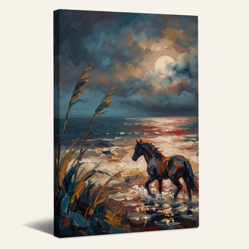 Toile noire debout sur une plage au clair de lune, 24"H x 18"W
