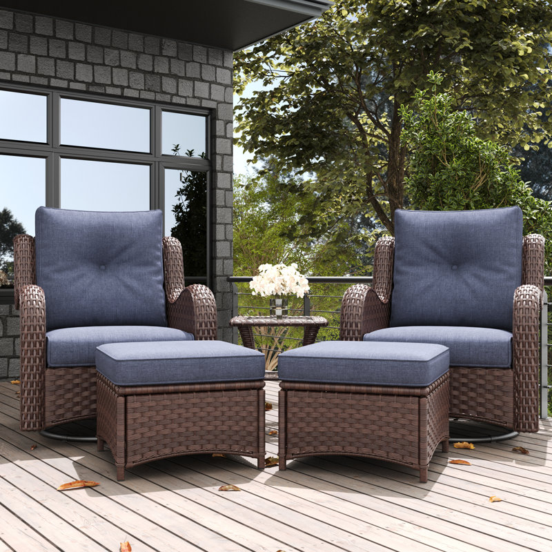 LayinSun 5 Piece Outdoor Wicker Swivel Chair With Ottoman, Brown, Navy
