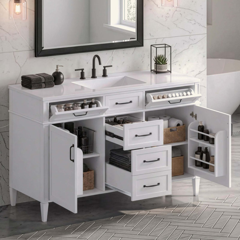 Meuble-lavabo de salle de bain avec comptoir en composite, meuble-lavabo autoportant à 4 tiroirs, 2 portes, tablettes réglables, poignées noires