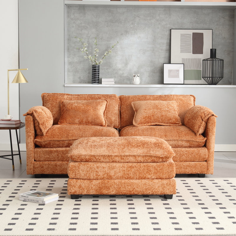 Chenille orange double avec sacs latéraux amovibles pour accoudoirs, repose-pieds et rembourrage en mousse haute densité, siège surdimensionné à 2 sièges de 76,77 x 29,53 x 31,10 pouces, poids de 500 lb d'éponge