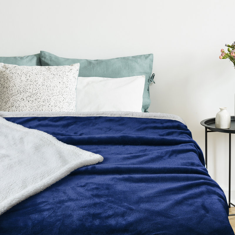 Navy Blue Reversible Sherpa Fleece Throw Blanket, 50x60 inches