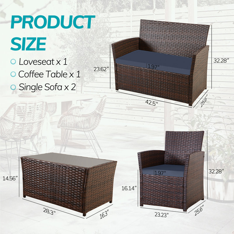 Ensemble de patio 4 pièces en osier avec coussins moelleux et table basse, Coussin bleu / cadre brun