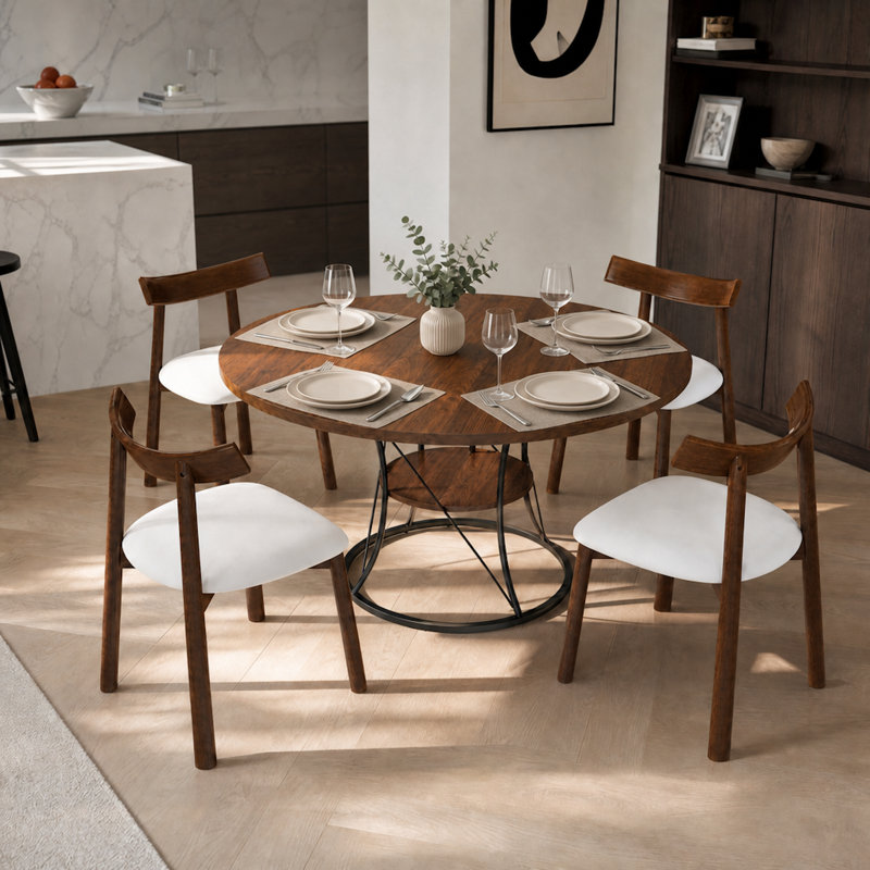 Table de salle à manger ronde extensible en bois, de style moderne du milieu du siècle, avec rangement, Noyer