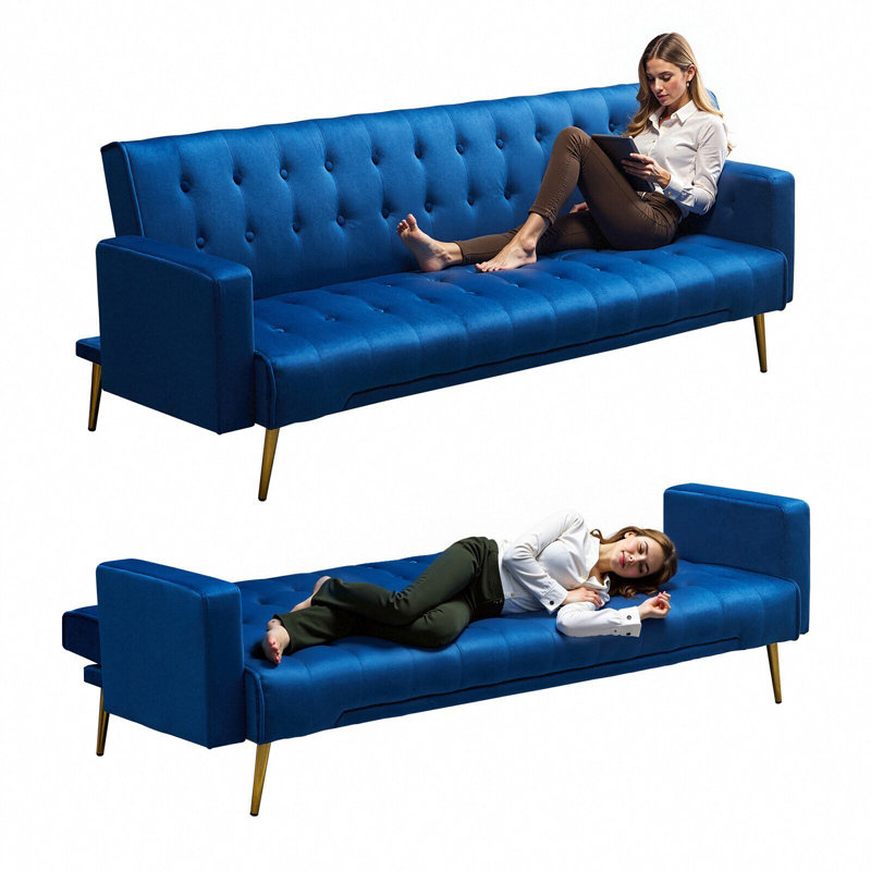 Modern Velvet Convertible Sofa Bed With Tufted Design & Golden Metal Legs, Blue Velvet