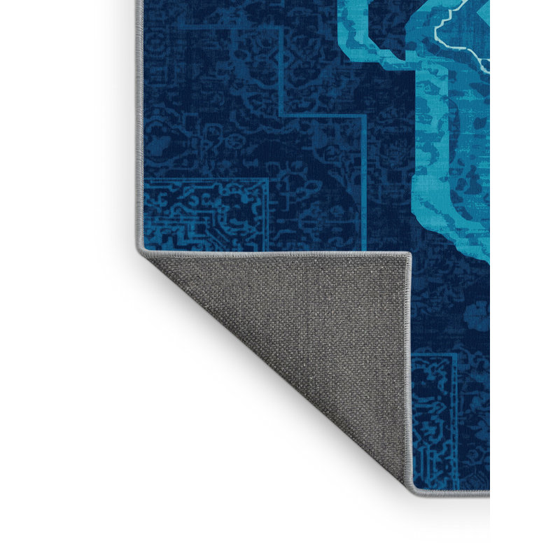 Tapis oriental bleu moelleux doux et moelleux Shaler, Carré 5 pi
