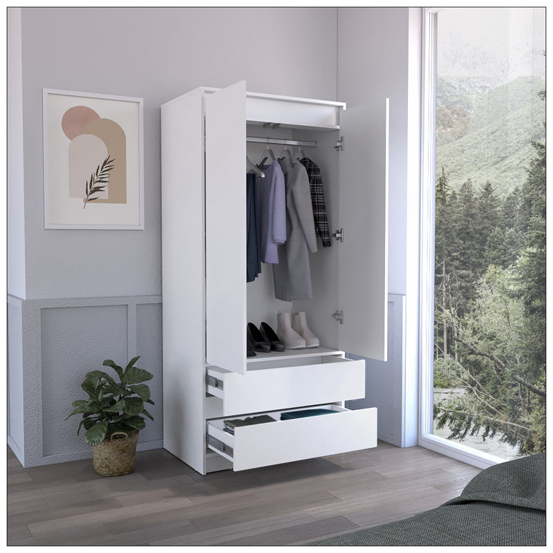 Armoire, garde-robe avec deux tiroirs, tringle, blanc, Blanc