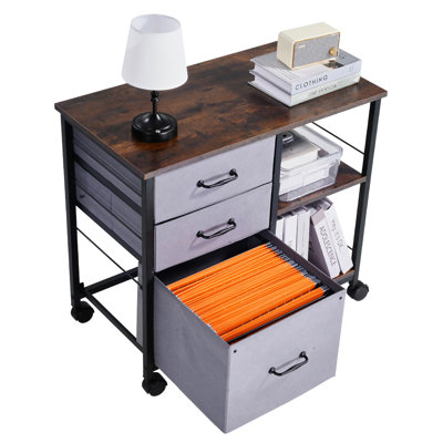 Classeur multifonctionnel brun avec 3 tiroirs en tissu et 2 tablettes ouvertes - amplement d'espace de rangement pour le bureau, la compression, le mobile et l'organisation des dossiers