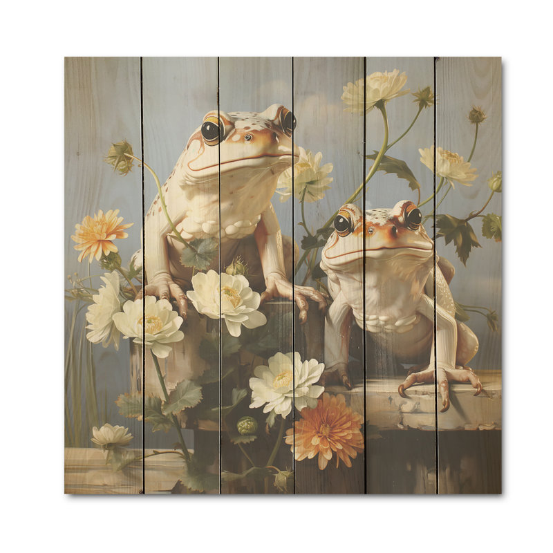 Art contemporain sur bois de pin naturel, grenouille et crapauds Contemporary, H 15 po x l 15 po