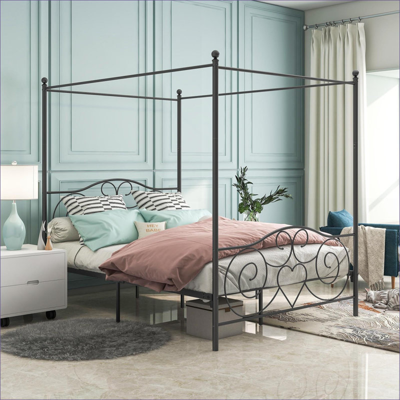 Structure de lit à baldaquin grand lit en métal noir rétro, aucun sommier nécessaire, capacité de 450 lb pour la chambre à coucher