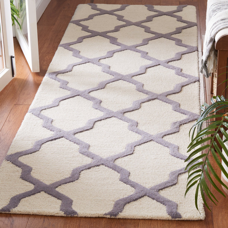 Cannen Hand Tufted Wool Geometric Rug, Runner 2'6" x 6', Ivory/Silver