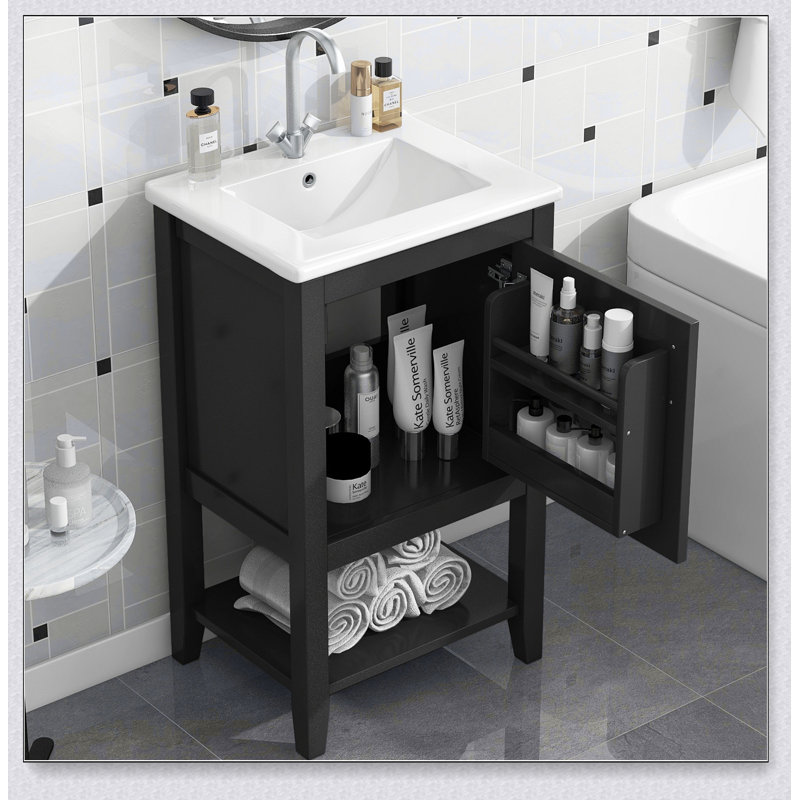 Meuble-lavabo de 20 po avec lavabo, armoire de salle de bain avec porte à fermeture douce, support de rangement et tablette ouverte, noir