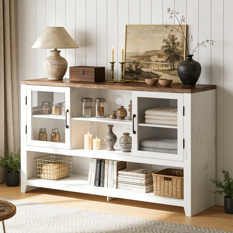 53" Sideboard Buffet Cabinet with 2 Glass Doors, Farmhouse Coffee Table Storage with Open Shelves, for Living Room, Kitchen, Dining, Entryway, White