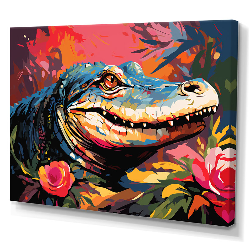 Popart alligator Blooms II - crocodile, art mural, Toile tendue, H 16 po x l 32 po x P 1 po