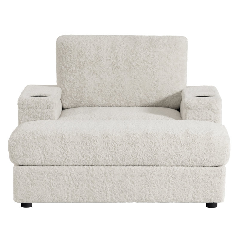Nonlita Oversized Chaise Lounge Chair Indoor, Upholstered Sleeper Recliner Chair With Ottoman & Armrests, Faux Rabbit Fur Reading Chair Single Sofa Couch, Hidden Storage, Cup Holders, Grey