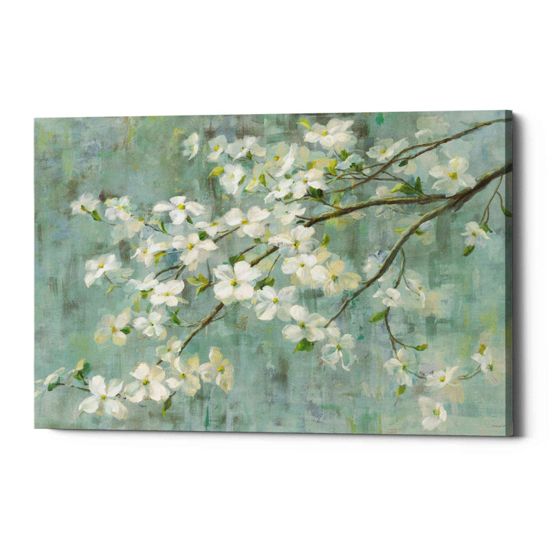 «Dogwood in Spring on Blue» par Danhui Nai, art mural sur toile, H 18 po x l 26 po