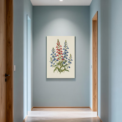 Plantes et fleurs, fleurs bleues rouges, feuilles vertes, impression botanique