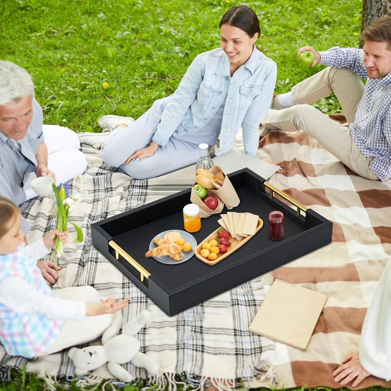 Plateau de service rectangulaire noir avec poignées dorées pour la fête, grand plateau décoratif en bois pour repose-pieds, décor de table basse en similicuir