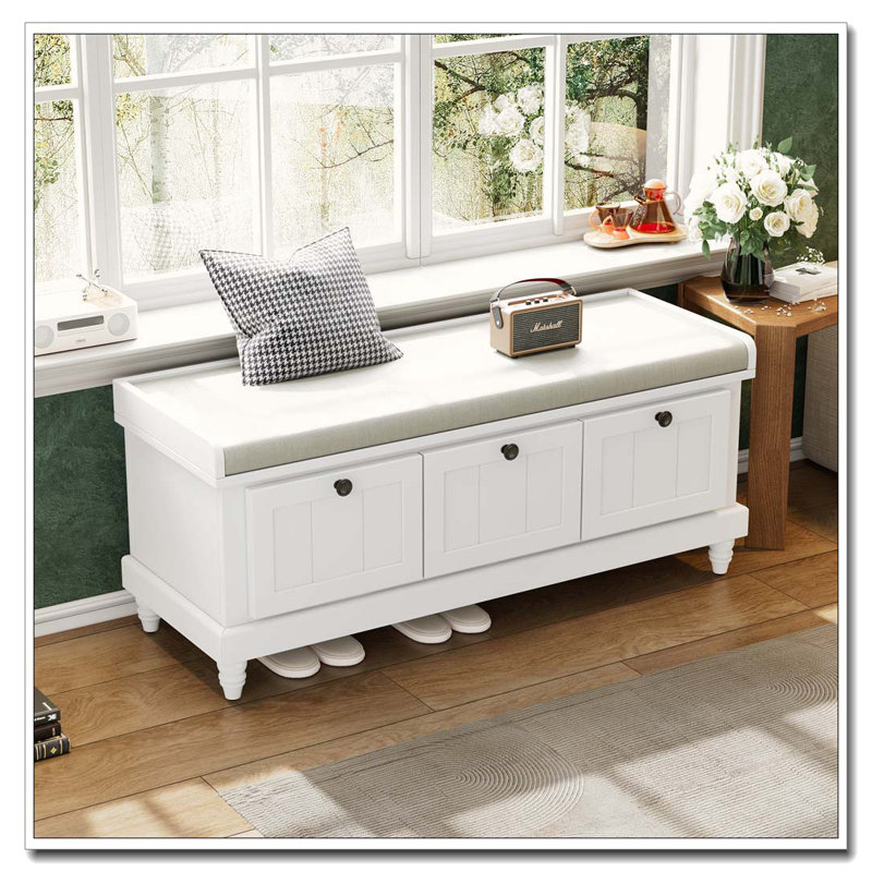 Banc de rangement classique avec 3 tiroirs, compartiment caché et siège rembourré, Blanc
