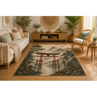 Tapis de style japonais Torii de 5 pi x 7 pi «Ultra Léger», tapis d'intérieur doux à poils courts avec envers antidérapant en silicone, tapis décoratif pour salon, chambre à coucher, salle à manger, bureau, décor traditionnel