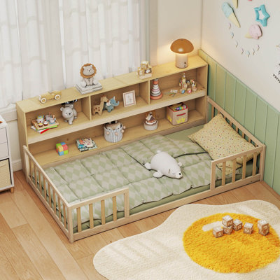 Twin Size Montessori Floor Bed with Bookcase Storage Shelves & Safety Fence Rails Natural
