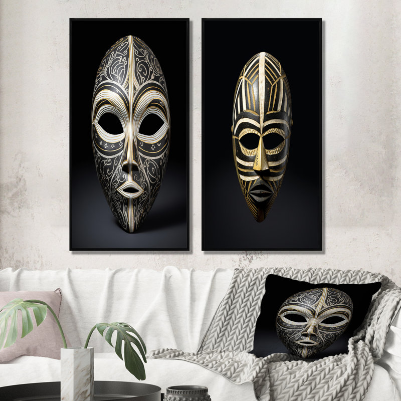 «Ethnical Traditional African Mask XIII», 2 pièces sur toile, Cadre noir, H 40 po x l 40 po