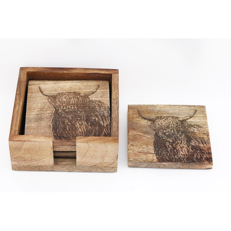 Wood Square 5 Piece Coaster Set With Holder
