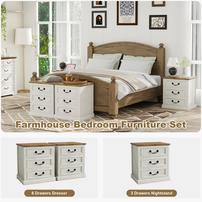Farmhouse Nightstand With Charging Station, 3 Drawers Wood End Table For Bedroom, Rustic Entryway Table With Smiling Handle And USB Ports & Type-C （SET OF 2)