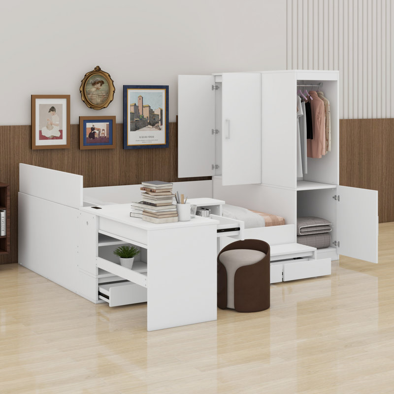 Lit plateforme avec tiroirs, tablettes, bureau et garde-robe, blanc