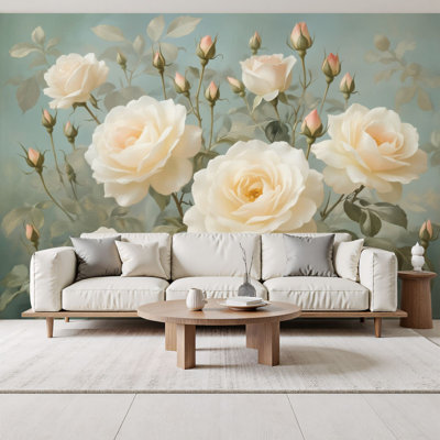 Peel and Stick Wallpaper Cream White Roses Vintage Botanical Soft Teal Wall Murals 69"H x 96"W Removable PVC Wall Paper Self-Adhesive Wall Paintings Art Decor for Bedroom Living Room
