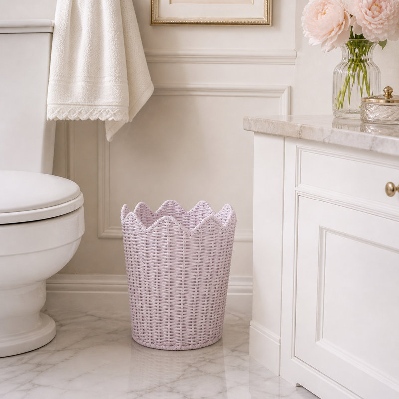 Pale Pink Scalloped Wicker Wastepaper Basket