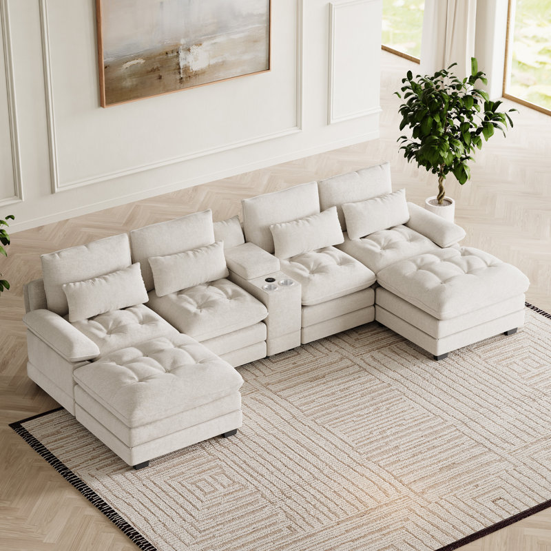 Canapé modulaire surdimensionné en chenille avec deux repose-pieds amovibles console de rangement avec porte-gobelets USB et haut dossier