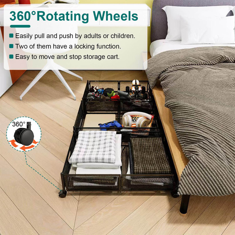 Contenant de rangement pliable sous le lit - ensemble de 2, avec roulettes