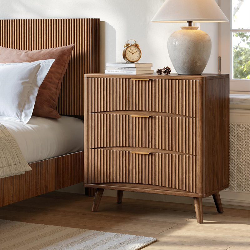 31.5" W Fluted Nightstand, Large Wood Night Stand, Mid Century Modern Bedside Table For Bedroom, Dorm, Walnut