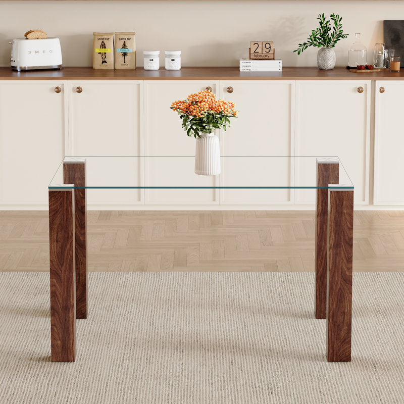 49.6”×30” Transparent Tempered Glass Dining Table With Rectangular Walnut - Colour MDF Wood Grain Legs: Blending Simplicity & Quality, Ideal For Diverse Interior Decoration Styles